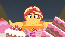 Size: 1024x576 | Tagged: suggestive, artist:jamesawilliams1996, derpibooru import, edit, edited screencap, screencap, sunset shimmer, series:sunset's great when she's fat, costume conundrum, costume conundrum: sunset shimmer, equestria girls, equestria girls series, spoiler:choose your own ending (season 2), spoiler:eqg series (season 2), bbw, big breasts, box, breasts, busty sunset shimmer, cake, cherry, chubby cheeks, confused, cupcake, double chin, fat, fat edit, food, obese, slobset shimmer, story included, sunset's apartment