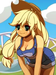 Size: 1500x2000 | Tagged: safe, artist:rockset, derpibooru import, applejack, human, equestria girls, adorasexy, applejack's hat, bent over, braless, breasts, busty applejack, cleavage, clothes, cowboy hat, cute, downblouse, farmer's tan, female, freckles, hat, jackabetes, naked overalls, no underwear, overall shorts, overalls, sexy, shorts, smiling, solo, stetson, stupid sexy applejack, tan lines