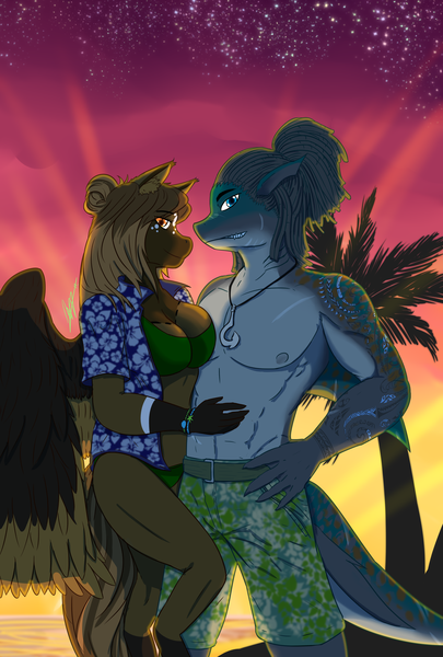 Size: 2864x4245 | Tagged: anthro, anthro oc, artist:mantarwolf, clothes, commission, couple, derpibooru import, female, grin, hand on chest, hybrid, islandwaves, looking at you, male, mare, oc, oc:island breeze, oc:rogue wave, oc x oc, original species, palm tree, partial nudity, pegasus, safe, shark, shark pony, shipping, smiling, stallion, sunset, swimming trunks, swimsuit, tiger shark, tiger shark pony, topless, tree, unofficial characters only