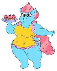 Size: 799x992 | Tagged: anthro, apron, artist:beau-skunk, artist:equestianracer, cake, chubby, clothes, cup cake, cupcake, cute, derpibooru import, fat, female, food, naked apron, obese, platter, safe, thick cup cake, unguligrade anthro
