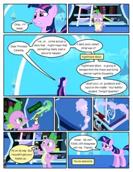 Size: 612x792 | Tagged: safe, artist:newbiespud, derpibooru import, edit, edited screencap, screencap, spike, twilight sparkle, pony, unicorn, comic:friendship is dragons, friendship is magic, bookshelf, comic, dialogue, dragon mail, female, male, mare, quill, screencap comic, scroll, twilight's canterlot home, unicorn twilight