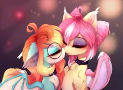 Size: 5044x3666 | Tagged: suggestive, artist:magnaluna, derpibooru import, oc, oc:sunset sorbet, oc:sweet riot, unofficial characters only, bat pony, pony, bat pony oc, bat wings, chest fluff, commission, drool, drool string, ear fluff, eyes closed, female, glasses, kissing, lesbian, mare, not fluttershy, not rainbow dash, oc x oc, pale belly, shipping, wings, ych result