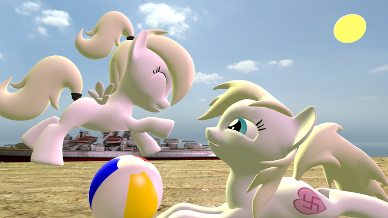 Size: 3840x2160 | Tagged: safe, artist:garyd12, derpibooru import, oc, oc:aryanne, oc:luftkrieg, earth pony, pegasus, pony, 3d, aryan, aryan pony, aryanbetes, beach, beach ball, bismarck, blonde, cloud, cute, female, flying, mare, mother and child, mother and daughter, nazi, nazipone, ship, sky, source filmmaker, sun, swastika