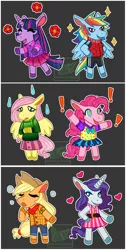 Size: 971x1931 | Tagged: safe, artist:pastel-pony-pictures, deleted from derpibooru, derpibooru import, applejack, fluttershy, pinkie pie, rainbow dash, rarity, twilight sparkle, earth pony, pegasus, pony, semi-anthro, unicorn, animal crossing, clothes, cowboy hat, crossover, dress, eyes closed, hat, mane six, pleated skirt, skirt, stetson, sweater, sweatershy, watermark, yawn