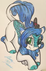 Size: 1649x2523 | Tagged: safe, artist:gleamydreams, derpibooru import, oc, oc:gleamy, kirin, cloven hooves, crouching, female, green eyes, image, jpeg, looking at you, lying down, simple background, smiling, solo, species swap, traditional art