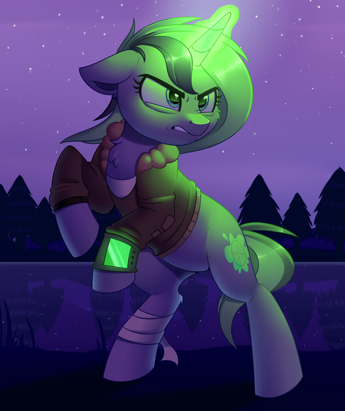 Size: 2006x2387 | Tagged: safe, artist:thegamblehorse, deleted from derpibooru, derpibooru import, oc, oc:plasma burst, unofficial characters only, pony, unicorn, fallout equestria, bandage, fallout, female, glowing horn, horn, lake, mare, night, pipboy, pipbuck, rearing, solo, tree