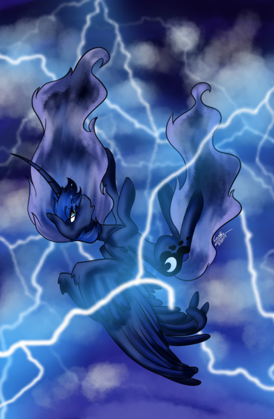 Size: 2075x3168 | Tagged: safe, artist:earthyrainbowkitty, derpibooru import, princess luna, alicorn, pony, curved horn, falling, horn, lightning, solo