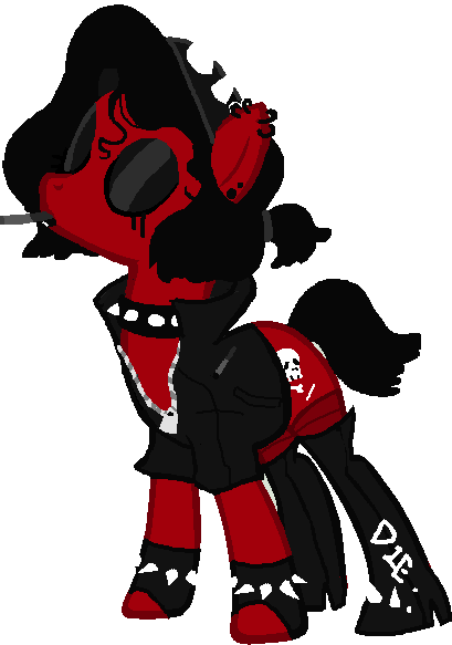 Size: 409x583 | Tagged: safe, alternate version, artist:doyouarehavestupid, derpibooru import, oc, oc:thrash fire, unofficial characters only, earth pony, pony, boots, bracelet, choker, cigarette, clothes, ear piercing, earring, eyes closed, eyeshadow, female, fingerless gloves, gloves, headband, high heel boots, jacket, jewelry, leather jacket, lipstick, makeup, mare, piercing, running makeup, shoes, simple background, smoking, socks, solo, spiked choker, spiked wristband, stockings, thigh highs, transparent background, wristband