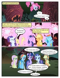 Size: 612x792 | Tagged: safe, artist:newbiespud, derpibooru import, edit, edited screencap, screencap, applejack, fluttershy, pinkie pie, rainbow dash, rarity, twilight sparkle, earth pony, pegasus, pony, unicorn, comic:friendship is dragons, friendship is magic, comic, dialogue, female, mane six, mare, screencap comic, sharp teeth, teeth, tree, unicorn twilight