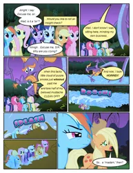 Size: 612x792 | Tagged: safe, artist:newbiespud, derpibooru import, edit, edited screencap, screencap, applejack, fluttershy, pinkie pie, rainbow dash, rarity, steven magnet, twilight sparkle, earth pony, pegasus, pony, sea serpent, unicorn, comic:friendship is dragons, friendship is magic, comic, dialogue, female, hat, male, mane six, mare, onomatopoeia, river, screencap comic, unicorn twilight, wet, wet mane