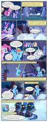 Size: 612x1555 | Tagged: safe, artist:newbiespud, derpibooru import, edit, edited screencap, screencap, applejack, fluttershy, pinkie pie, rainbow dash, rarity, twilight sparkle, earth pony, pegasus, pony, unicorn, comic:friendship is dragons, friendship is magic, bridge, clothes, comic, costume, dialogue, female, flying, fog, goggles, mane six, mare, mouth hold, rope, screencap comic, shadowbolts, shadowbolts costume, unicorn twilight