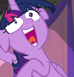 Size: 616x645 | Tagged: safe, derpibooru import, screencap, pinkie pie, twilight sparkle, twilight sparkle (alicorn), alicorn, earth pony, pony, a trivial pursuit, animated, crazy face, cropped, faic, female, floppy ears, gif, mare, messy mane, open mouth, shrunken pupils, smiling, solo focus, twilight snapple, twilight sparkle is best facemaker, twilighting, twilynanas, wide eyes