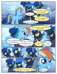 Size: 612x792 | Tagged: safe, artist:newbiespud, derpibooru import, edit, edited screencap, screencap, descent, nightshade, rainbow dash, pegasus, pony, comic:friendship is dragons, friendship is magic, clothes, comic, costume, dialogue, female, fog, goggles, grin, mare, screencap comic, shadowbolts, shadowbolts costume, smiling