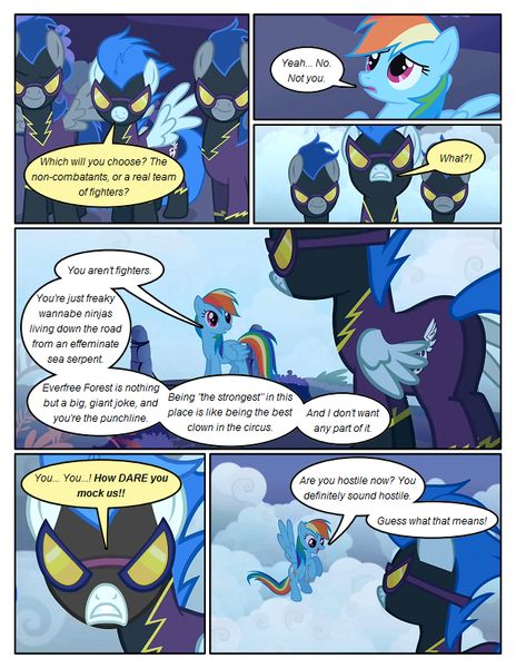 Size: 612x792 | Tagged: safe, artist:newbiespud, derpibooru import, edit, edited screencap, screencap, descent, nightshade, rainbow dash, pegasus, pony, comic:friendship is dragons, friendship is magic, clothes, comic, costume, dialogue, female, fog, goggles, mare, screencap comic, shadowbolts, shadowbolts costume