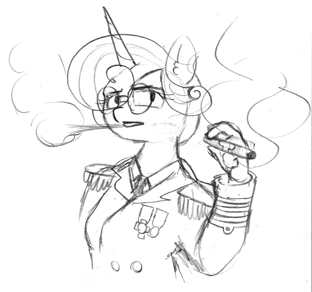 Size: 989x926 | Tagged: admiral, alicorn, anthro, artist:eow, cigar, clothes, derpibooru import, eye clipping through hair, female, glasses, lineart, medal, monochrome, older, princess flurry heart, safe, smoke, smoking, traditional art, uniform