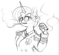 Size: 989x926 | Tagged: admiral, alicorn, anthro, artist:eow, cigar, clothes, derpibooru import, eye clipping through hair, female, glasses, lineart, medal, monochrome, older, princess flurry heart, safe, smoke, smoking, traditional art, uniform