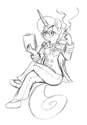 Size: 995x1435 | Tagged: alicorn, anthro, artist:eow, cigar, clothes, derpibooru import, eye clipping through hair, female, glasses, lineart, medal, monochrome, older, princess flurry heart, reading, safe, sitting, smoke, smoking, solo, uniform