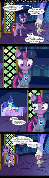 Size: 700x2508 | Tagged: suggestive, artist:deusexequus, derpibooru import, spike, twilight sparkle, twilight sparkle (alicorn), vinyl scratch, alicorn, dragon, pony, unicorn, a trivial pursuit, bed, book, bookshelf, clothes, comic, crack shipping, female, implied lesbian, lesbian, shipping, shirt, t-shirt, twilight's castle, vinylight