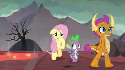 Size: 1280x720 | Tagged: safe, derpibooru import, screencap, fluttershy, smolder, spike, dragon, pegasus, pony, sweet and smoky, dead tree, dragon lands, dragoness, female, lava, male, mare, plugged nose, smelly, sulfur, tree, trio, winged spike