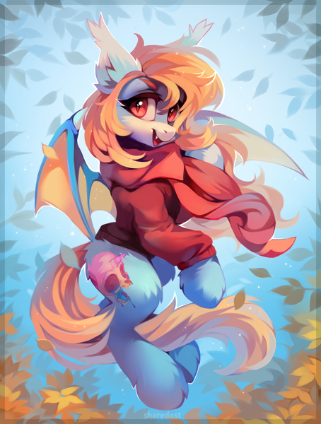 Size: 800x1057 | Tagged: safe, artist:share dast, derpibooru import, oc, oc:sweet riot, unofficial characters only, bat pony, pony, bat pony oc, bat wings, clothes, female, flying, leaves, mare, scarf, solo, speedpaint available, sweater, wings