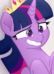 Size: 586x804 | Tagged: safe, derpibooru import, screencap, twilight sparkle, twilight sparkle (alicorn), alicorn, pony, my little pony: the movie, adorkable, cropped, crown, cute, dork, female, grin, jewelry, mare, nervous, nervous grin, out of context, regalia, smiling, twiabetes, twilight sparkle is best facemaker