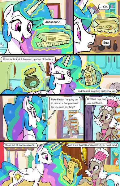 Size: 1989x3072 | Tagged: safe, artist:docwario, derpibooru import, daisy jo, discord, princess celestia, trixie, oc, oc:flaky pastry, alicorn, pony, comic:royal chores, beans, book, butter, cake, cakelestia, cereal, cherry, clock, comic, cupcake, cute, cutelestia, diabetes, egg (food), female, flour, food, glowing horn, horn, jam, jewelry, ketchup, magic, mare, milk, mustard, necklace, offscreen character, olive, pear jam, quill, recipe, refrigerator, sauce, sugar (food), telekinesis, whipped cream