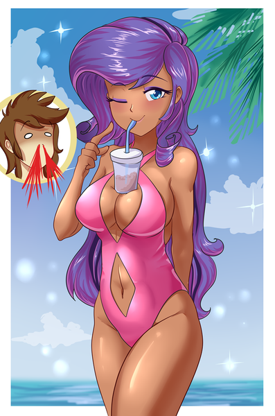 Size: 715x1080 | Tagged: suggestive, artist:thebrokencog, derpibooru import, rarity, oc, oc:arrow swift, human, absolute cleavage, beach, blood, boob window, breasts, busty rarity, canon x oc, chocolarity, cleavage, clothes, commission, cup, curvy, dark skin, drink, female, hands-free bubble tea challenge, hourglass figure, humanized, humanized oc, male, navel cutout, nosebleed, ocean, one eye closed, one-piece swimsuit, rariswift, smiling, straw, stupid sexy rarity, swimsuit, wink