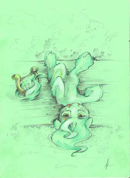 Size: 1652x2268 | Tagged: safe, artist:alexandrvirus, derpibooru import, lyra heartstrings, pony, grass, leonine tail, limited palette, looking at you, lyre, musical instrument, on back, signature, smiling, solo, tongue out, traditional art, unshorn fetlocks