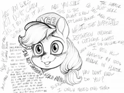 Size: 2048x1536 | Tagged: safe, artist:verulence, derpibooru import, applejack, earth pony, pony, black and white, bust, cap, dialogue, grayscale, hairband, hat, monochrome, retail, solo, text