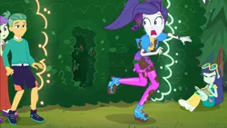 Size: 1914x1080 | Tagged: safe, derpibooru import, screencap, blueberry cake, guy grove, rarity, starlight, equestria girls, equestria girls series, lost and pound, spoiler:choose your own ending (season 2), spoiler:eqg series (season 2), background human, book, chase, clothes, female, geode of shielding, legs, lost and pound: rarity, magical geodes, male, marshmelodrama, maze, mud, muddy, neon garden maze, open mouth, outdoors, rarity being rarity, running, scared, shorts, terrified