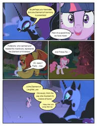 Size: 612x792 | Tagged: safe, artist:newbiespud, derpibooru import, edit, edited screencap, screencap, fluttershy, nightmare moon, twilight sparkle, alicorn, earth pony, manticore, pegasus, pony, unicorn, comic:friendship is dragons, friendship is magic, comic, dialogue, ethereal mane, female, helmet, laughing, mare, raised hoof, screencap comic, sharp teeth, starry mane, teeth, unicorn twilight