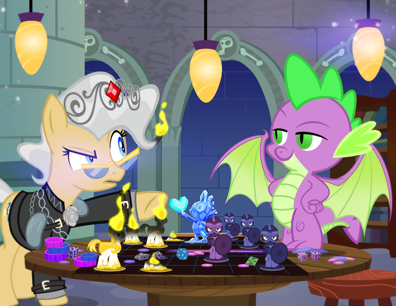 Size: 1000x773 | Tagged: artist:pixelkitties, cheating, chess, clothes, derpibooru import, dice, dragon, duo, fire, fire breath, mayor mare, safe, spike, winged spike