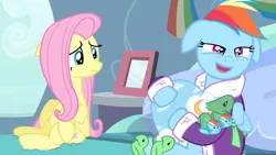 Size: 1920x1080 | Tagged: bedroom eyes, clothes, crying, dashie slippers, derpibooru import, edit, edited screencap, editor:michaelsety, floppy ears, fluttershy, inverted mouth, rainbow dash, safe, screencap, slippers, tank, tanks for the memories, tank slippers