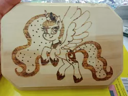 Size: 1032x774 | Tagged: safe, artist:dawn-designs-art, artist:sapphire-burns-art, derpibooru import, princess luna, alicorn, pony, cute, happy, photo, pyrography, solo, traditional art