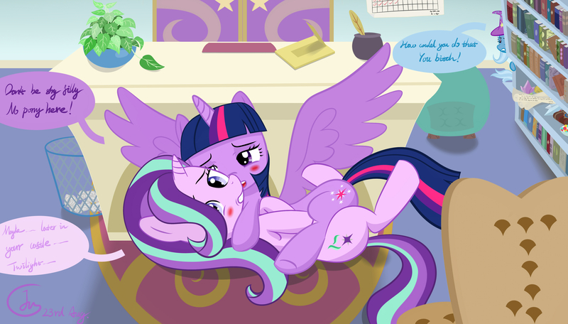 Size: 3840x2190 | Tagged: suggestive, artist:bodyless, derpibooru import, starlight glimmer, trixie, twilight sparkle, twilight sparkle (alicorn), alicorn, pony, unicorn, blushing, book, bookshelf, cuckolding, cuckquean, female, hidden, implied lesbian, implied shipping, implied startrix, lesbian, shipping, trio, twistarlight, vulgar