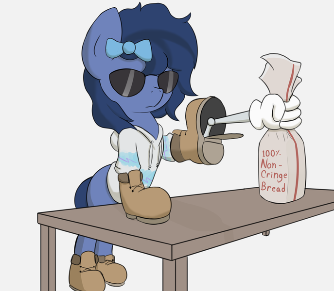 Size: 2576x2250 | Tagged: safe, artist:triplesevens, derpibooru import, oc, oc:whinny, unofficial characters only, earth pony, pony, bag, boots, bow, bread, clothes, food, hair bow, hand, machine, shoes, sunglasses, sweater, timberland boots