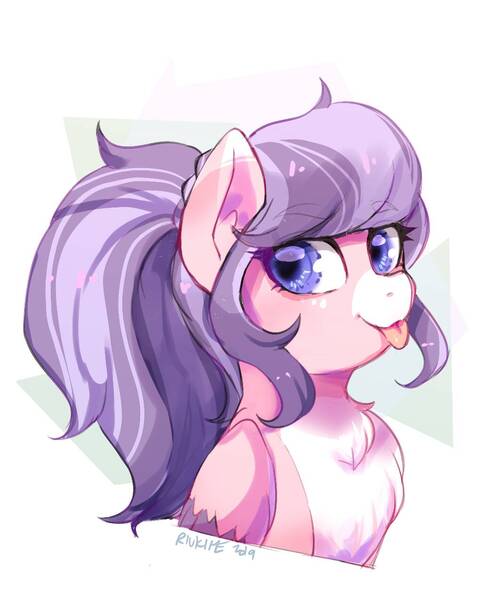 Size: 1063x1275 | Tagged: safe, artist:riukime, derpibooru import, oc, oc:cotton breeze, unofficial characters only, pegasus, pony, bust, chest fluff, female, looking at you, mare, pale belly, ponytail, signature, simple background, solo, tongue out, white background