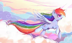 Size: 1775x1063 | Tagged: safe, artist:riukime, derpibooru import, rainbow dash, pegasus, pony, cloud, female, flying, happy, mare, open mouth, outdoors, pastel, rainbow, sky, smiling, solo, spread wings, wings