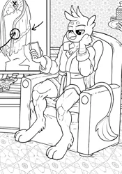 Size: 553x792 | Tagged: safe, artist:smudge proof, derpibooru import, gallus, anthro, gryphon, cropped, explicit source, grayscale, mobile phone, monochrome, paws, phone, sitting, smartphone, tail, wings