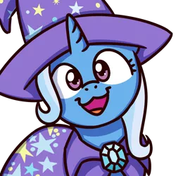 Size: 1000x1000 | Tagged: safe, artist:sugar morning, derpibooru import, trixie, pony, unicorn, bust, cape, cat face, cat smile, clothes, cute, diatrixes, female, hat, illuminati confirmed, looking at you, mare, open mouth, simple background, smiling, solo, sugar morning's smiling ponies, transparent background, trixie's cape, trixie's hat