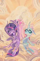 Size: 1179x1800 | Tagged: safe, artist:sararichard, derpibooru import, idw, ocellus, twilight sparkle, twilight sparkle (alicorn), alicorn, changedling, changeling, pony, spoiler:comic, spoiler:comic84, cloud, cover, cute, diaocelles, female, flying, high five, high wing, looking up, magic, mare, one eye closed, sky, sparkles, sun, twiabetes, wing hands, wings, wink