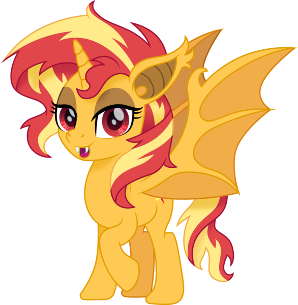 Size: 1500x1535 | Tagged: safe, artist:cloudyglow, derpibooru import, sunset shimmer, alicorn, bat pony, bat pony alicorn, pony, alicornified, bat ponified, bat wings, fangs, female, horn, mare, race swap, shimmercorn, simple background, slit eyes, smiling, solo, transparent background, vector, wings