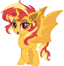 Size: 1500x1535 | Tagged: safe, artist:cloudyglow, derpibooru import, sunset shimmer, alicorn, bat pony, bat pony alicorn, pony, alicornified, bat ponified, bat wings, fangs, female, horn, mare, race swap, shimmercorn, simple background, slit eyes, smiling, solo, transparent background, vector, wings