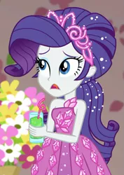 Size: 709x1000 | Tagged: safe, derpibooru import, screencap, rarity, costume conundrum, costume conundrum: applejack, equestria girls, equestria girls series, spoiler:choose your own ending (season 2), spoiler:eqg series (season 2), bare shoulders, beautiful, beverage, bulk biceps' home, clothes, cropped, dress, drink, drinking straw, female, gown, jewelry, sleeveless, solo, tiara