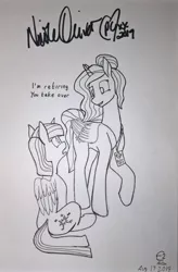 Size: 2526x3848 | Tagged: safe, artist:expression2, derpibooru import, princess celestia, twilight sparkle, twilight sparkle (alicorn), alicorn, pony, autograph, convention:alicon, traditional art