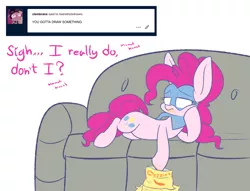 Size: 1280x979 | Tagged: safe, artist:heir-of-rick, derpibooru import, pinkie pie, earth pony, pony, ask, chalkzone, chips, couch, dialogue, female, food, mare, snaponka, snappy pie, solo, tumblr