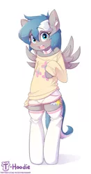 Size: 731x1400 | Tagged: safe, artist:apony, derpibooru import, oc, oc:summer memory, unofficial characters only, semi-anthro, bipedal, clothes, shorts, socks, solo, stockings, sweater, thigh highs, wings
