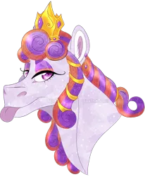 Size: 670x813 | Tagged: safe, artist:bijutsuyoukai, derpibooru import, oc, oc:pristine acclaim, unofficial characters only, pony, bust, crown, female, jewelry, magical lesbian spawn, mare, offspring, parent:amber laurel, parent:princess cadance, portrait, regalia, simple background, solo, tongue out, transparent background