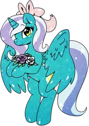 Size: 750x1065 | Tagged: safe, artist:nancybigots, derpibooru import, oc, oc:fleurbelle, alicorn, crystal pony, earth pony, pony, alicorn oc, bouquet, bow, cute, female, flower, hair bow, horn, mare, smiling, sweet, wingding eyes, wings, yellow eyes