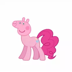 Size: 1280x1280 | Tagged: safe, derpibooru import, pinkie pie, pony, abomination, cursed image, god is dead, peppa pig, simple background, wat, what has science done, white background